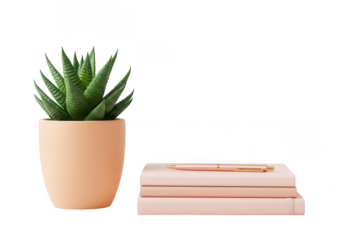 A healthy green succulent plant in a peach pot next to a stack of pink notebooks with a rose gold pen isolated on transparent background