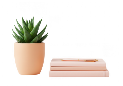 A healthy green succulent plant in a peach pot next to a stack of pink notebooks with a rose gold pen isolated on transparent background