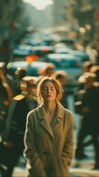 Young Caucasian woman standing still with closed eyes in busy city street as crowd rushes past her in motion blur and warm sunlight