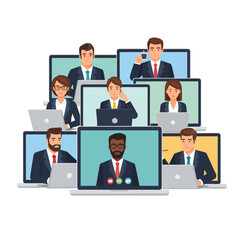 Diverse business professionals participate in a virtual meeting via video conferencing on their laptops.