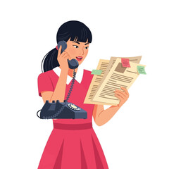 A young woman in a red dress multitasks, simultaneously reviewing documents and speaking on a vintage telephone.