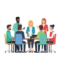 A diverse group of professionals collaborating during a business meeting, discussing ideas.