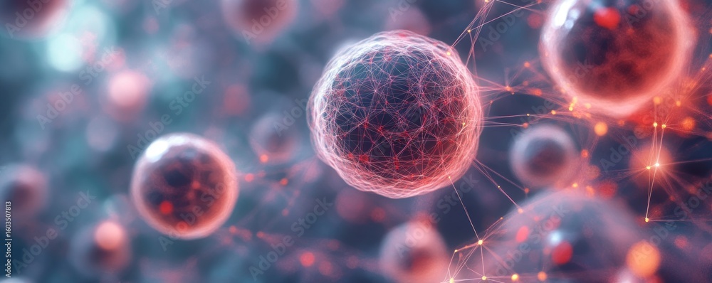 Poster abstract rendering of interconnected cells with a network of connections in a blue space