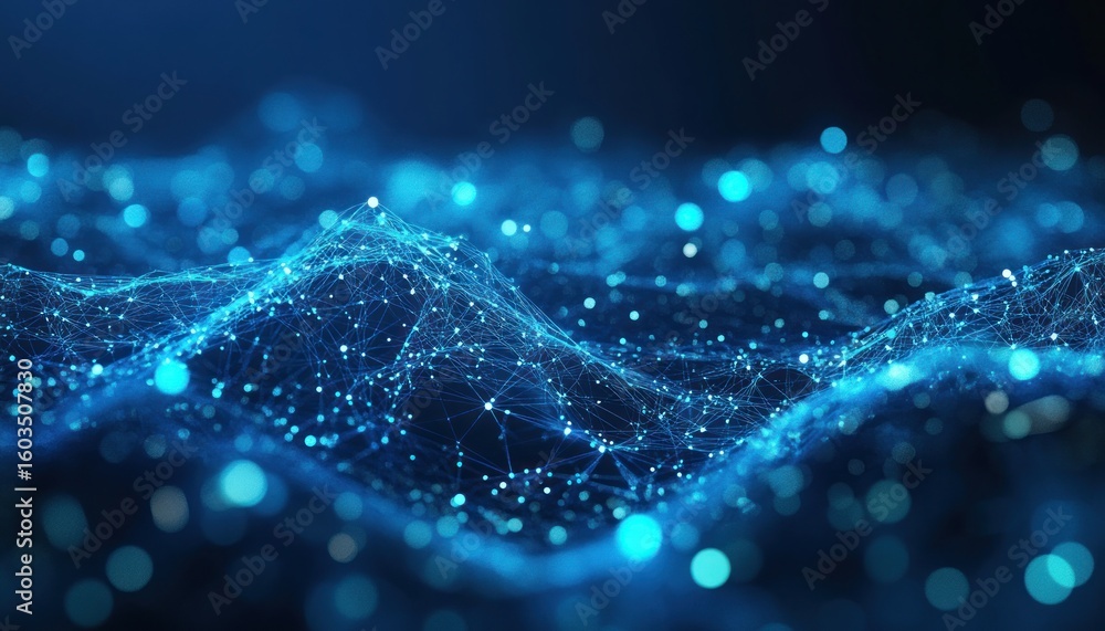 Poster a network of interconnected blue dots and lines forming a wave like pattern on a dark blue backgroun