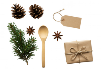 Festive holiday elements including pine cones star anise spoon gift tag and wrapped present isolated on transparent background