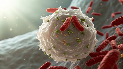 Close Up of White Blood Cell Attacking Bacteria Under Microscope for Immune Response Visualization