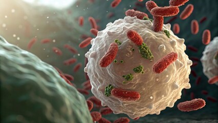 Close Up of White Blood Cell Attacking Bacteria Under Microscope for Immune Response Visualization