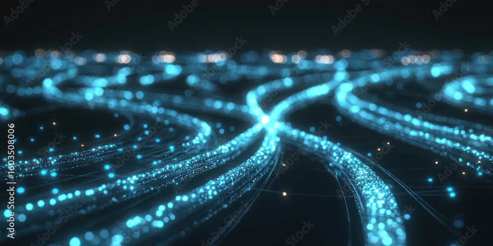 Poster a digital landscape with glowing blue streams and bokeh lights on a dark background creating a netwo