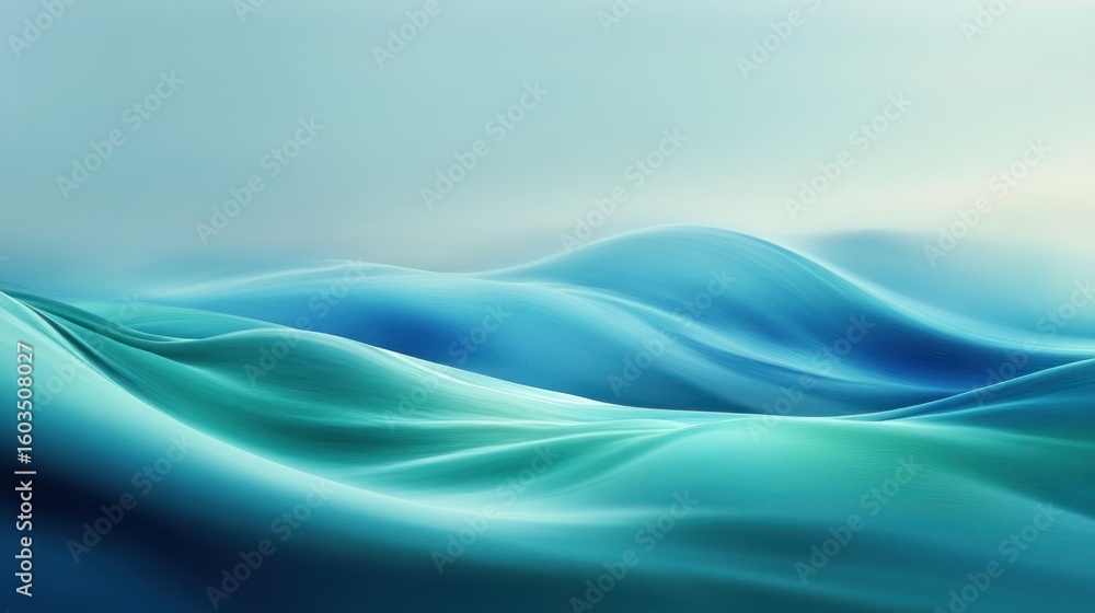 Poster abstract teal and blue waves with a soft gradient background creating a calming and serene scene