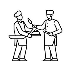 Elegant line drawing depicting culinary chefs preparing food and holding a cleaver