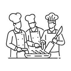 Elegant line drawing depicting culinary chefs preparing food and holding a cleaver