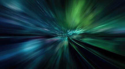 Abstract zoom effect image with radiating teal, green, and blue streaks emanating from a central point, creating a sense of speed and movement