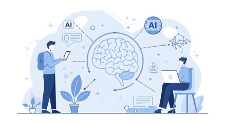 AI technology and people in work environment which is illustrating mind with AI symbol 