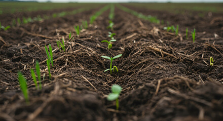 Fototapeta premium Rows of fresh green sprouts push through the rich soil, a beautiful depiction of new beginnings and sustainable agriculture creating a vital greenspace.