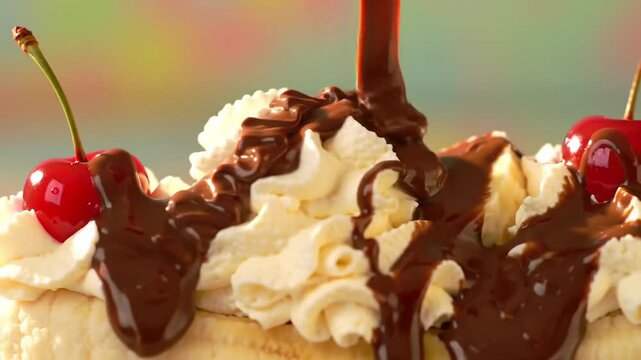 Delicious Banana Split With Chocolate Sauce And Fresh Cherries Video
