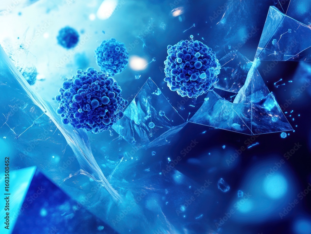 Fototapete an abstract rendering of blue spherical entities amidst geometric crystalline structures in a blue h