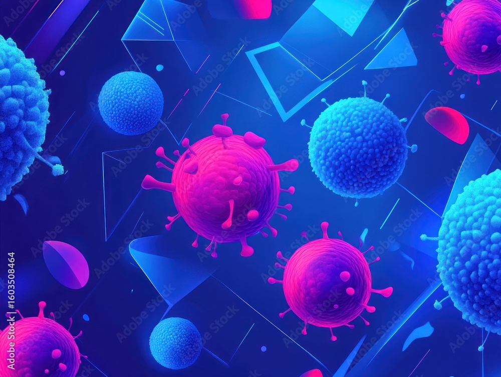 Poster abstract rendering of viruses in shades of blue and pink with geometric shapes in the background