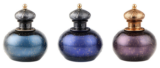 Three Luxury Perfume Bottles With Glitter Accents on Transparent Background Displaying Unique Designs and Sparkling Details