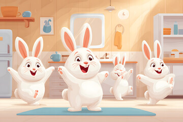 Playful Cartoon Rabbits Dancing Joyfully in a Cozy Kitchen Setting