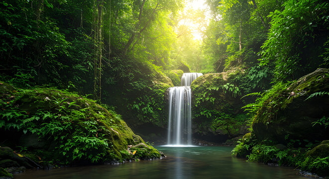 Serene Waterfall Cascading Through Lush Green Jungle with Sunlight Filtering Through - Powered by Adobe