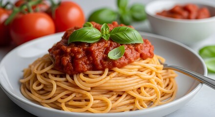 Spaghetti pasta with tomato sauce and fresh basil on a plate