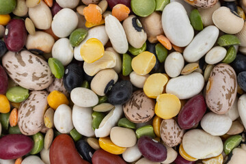 Up close food source concept; dry, multicolor beans.