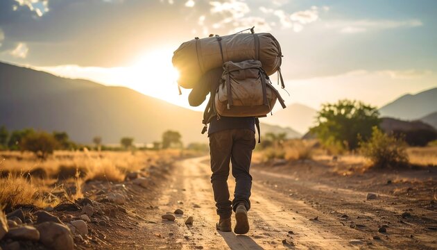 A hiker carrying a heavy pack on a dirt road at sunset - Powered by Adobe