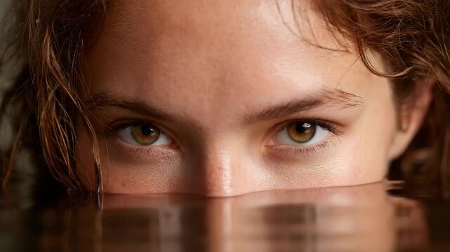 The mesmerizing close-up of a pair of captivating eyes peeking above the water's surface evokes feelings of intrigue and depth, capturing a moment of intimate connection with nature.