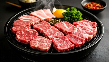 Fototapeta premium Authentic Japanese Yakiniku With Fresh Meat Grilling