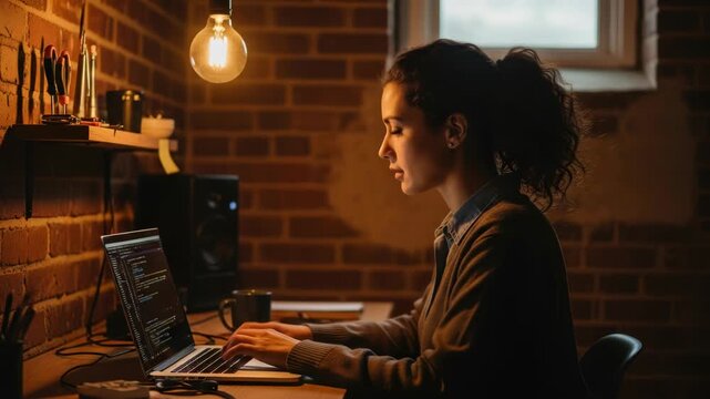 Dedicated programmer working late night on laptop, modern office space for developer