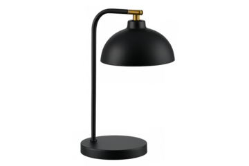 Minimalist black metal desk lamp with golden details illuminating a workspace, isolated on transparent background