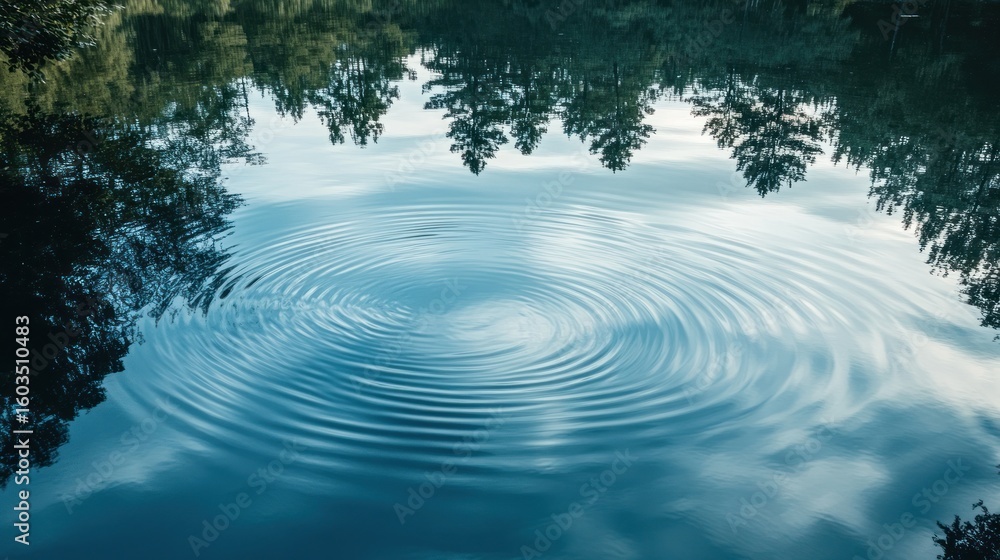 Poster a tranquil lake surface with concentric ripples and reflections of trees and sky creating a serene s