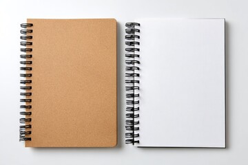 Two spiral notebooks, one brown, one white, on a white background