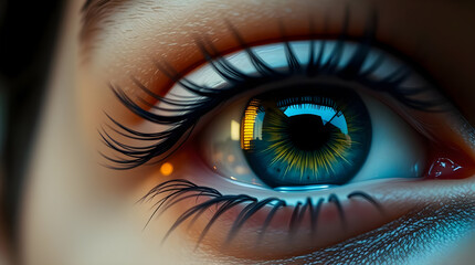 Fototapeta premium A hyper-realistic close-up of a human eye with an iris of digital data streams, a visionary concept of AI, technology, and interconnectedness.