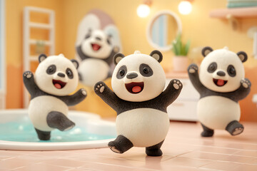 Happy Cartoon Pandas Dancing and Playing in a Colorful Setting