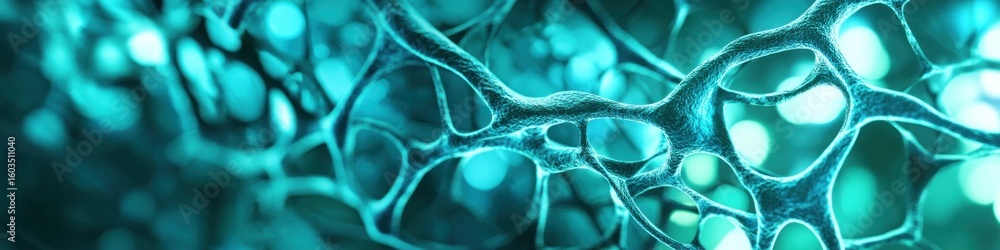 Poster abstract teal network with interconnected strands and glowing orbs in a microscopic view style