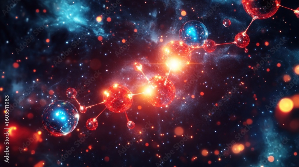 Poster a digital rendering of interconnected molecules with a space background and glowing light effects