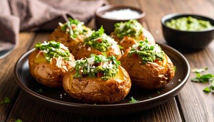 Papas Arrugadas With Mojo On Wooden Table. Traditional Canary Islands Food.