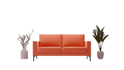 Modern peach sofa sits with plants. Use for interior design, home decor, web banners, ads.