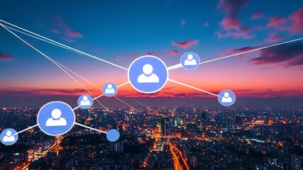 City skyline at sunset with network connections illustrating social interaction and technology growth - Powered by Adobe
