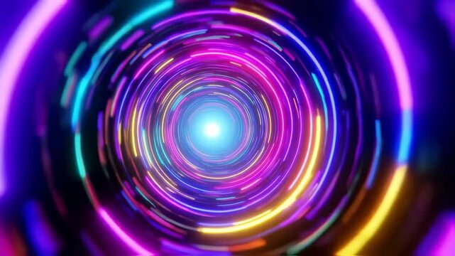 Abstract colorful neon light circles tunnel animation visual background