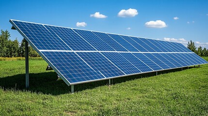 Solar panels on a grassy field under a blue sky