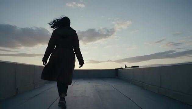 Woman walking away silhouette on rooftop at sunset with clouds travel and loneliness theme