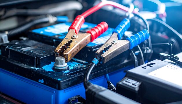 Car battery being jump-started. Close-up view