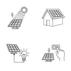 Minimalist linear illustration of renewable solar power, sustainable home energy, electricity conversion and solar technology