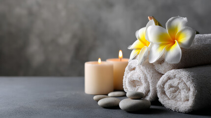 A banner of spa and wellness with frangipani flowers, candles