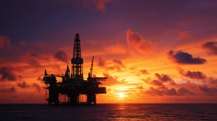 Obraz premium An offshore oil rig at sunset. A majestic, wide shot of a large offshore oil rig, silhouetted against a beautiful, dramatic sunset over the ocean. 