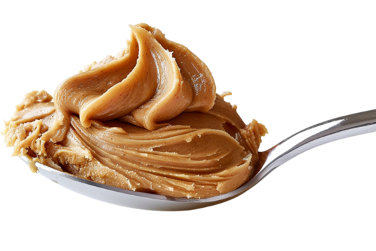 Spoon holds creamy peanut butter. Glossy texture invites marketing, food design, web projects. Isolated for easy integration.