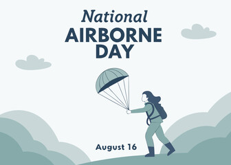 female paratrooper landing in a field after a successful jump, flat vector with clean lines, great for inclusive and modern national airborne day visuals.