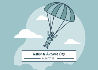 flat vector of a paratrooper mid-air with parachute on a clear day, perfect for commemorating august 16 national airborne day in educational or military design use.